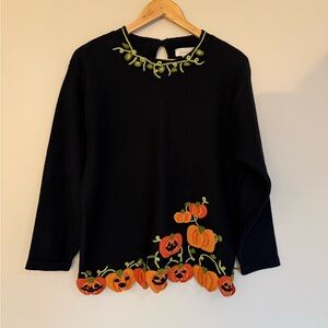 Vintage Lord & Taylor Women’s Black Sweater Pumpkin Embroidery and Bobbles Sz L